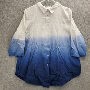 Jessica London Shirt Linen Blend Size 20W Button Up Long Sleeve Ombre Blue White